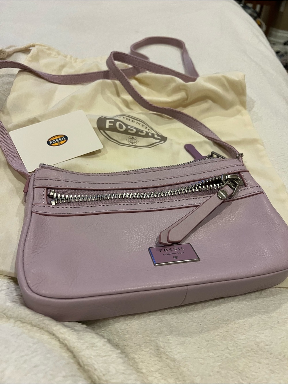 Fossil Lilac Leather Crossbody Bag band new